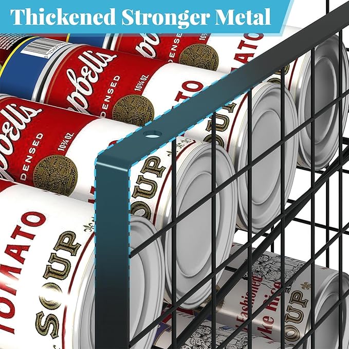 2-Tier Stackable Can Organizer for Pantry, Adjustable Extra-Long Can Rack for Pantry Shelf Organizer and Storage, Sturdy Standing Can Holder for Canned Soup Food Goods Storage up to 64 Cans, Black