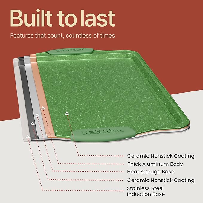 BAKKEN Kitchen Baking Pan Set - Nonstick Green Marble Coating, Carbon Steel Bakeware Sets with Green Silicone Handles, Kitchen Essentials, PFOA, PFOS, PTFE Free, Oven Safe (Up To 450° F), Set of 10