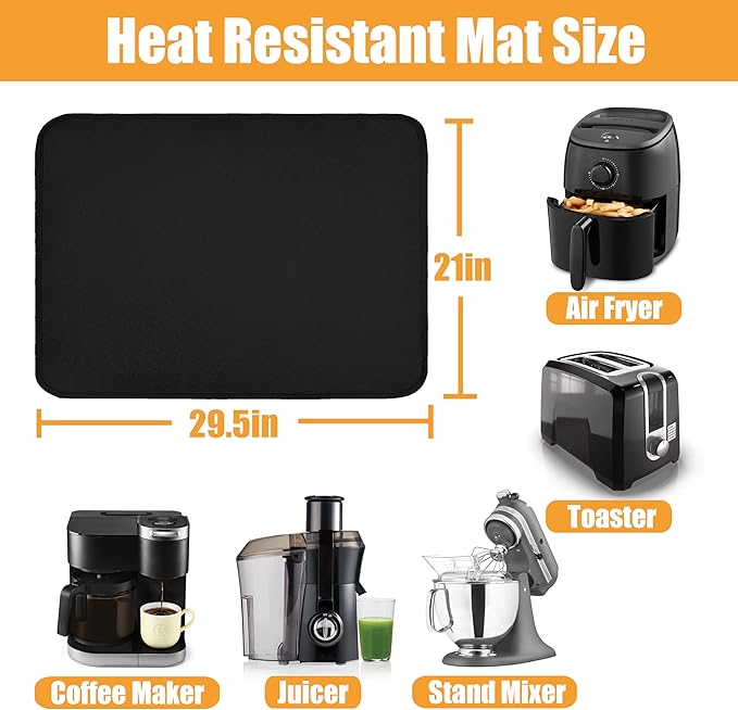 Heat Resistant Mats for Kitchen Countertop 21x29.5in,Coffee Mat,Coffee Bar Mat for Countertops,Air Fryer Deep Fryer Mat to Protect quartz Countertop,Kitchen Hot Pad,Waterproof mat for Kitchen, Black