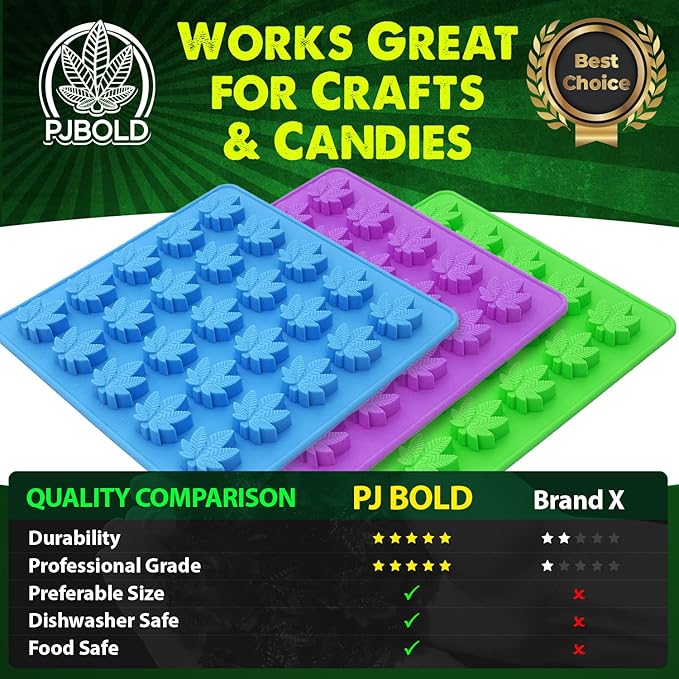 PJ BOLD Marijuana Leaf Gummy Molds Silicone Candy Mold Kit - 3 Pack