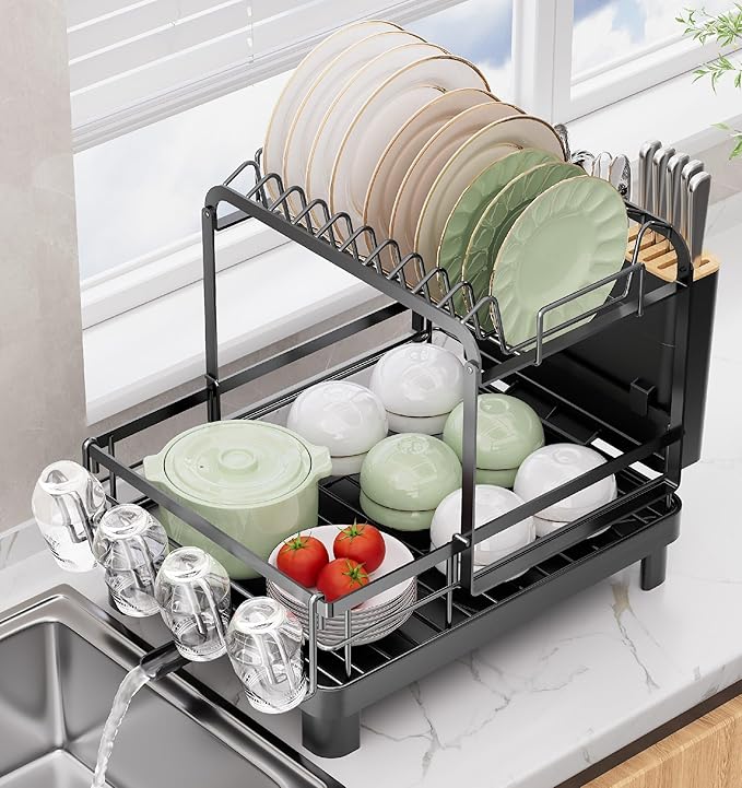 Runnatal 2-Tier Dish Drying Rack, Large Dish Rack with Drainboard Set, Detachable 4-in-1 Large Capacity Dish Drainer Over The Sink Anti-Rust for Kitchen Counter, Black