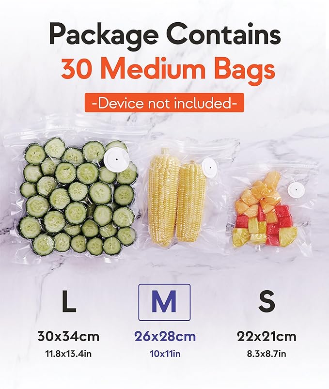 Reusable Vacuum Sealer Bags for Food – 30 Medium Vacuum Bags (26x28cm/10x11in), BPA-Free, Leak-Proof, Odor-Resistant – Compatible with Vacuum Sealers