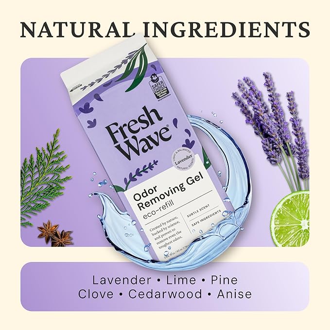 Fresh Wave Odor Removing Gel Eco-Refill, 63 oz. Lavender Scent | 2 Empty Refillable Glass Jars | 2 Room Set