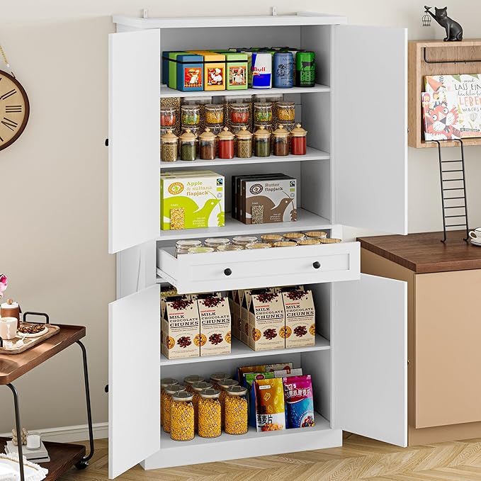 Pantry Organizers and Storage Cabinet, 70” Barn Door White Kitchen Cabinet with Drawers and Adjustable Shelf, Tall Pantry for Kitchen, Dining Room, Living Room Bedroom