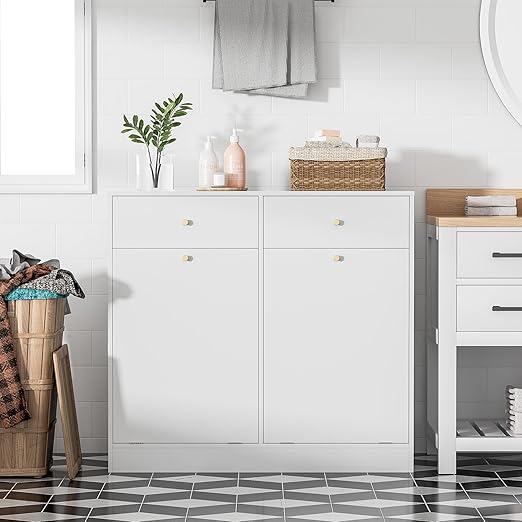 Housoul Double Tilt Out Trash Can Cabinet with 2 Drawers, Trash Storage Cabinet, Hidden Garbage Bin, Free Standing Laundry Sorter Organizer for Kitchen Dining Living Room, Bathroom, White