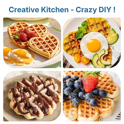 Double Belgian Waffle Maker with 2 Adjustable Temp Knobs, Electric Waffle Machine with Indicator Light, Nonstick Heart Waffle & Classic Waffle Iron, Breakfast Maker, Easy to Clean, Silver