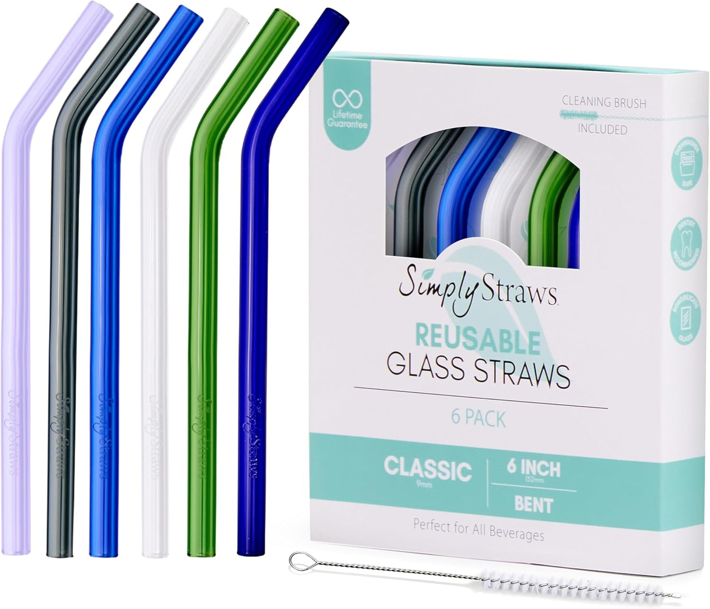 Simply Straws 6 Inch Glass Straws Bent (6-Pack) – Reusable Glass Straws for Low Balls & Stemless Glasses, with Cleaning Brush – Dishwasher Safe, Hot & Cold Use, BPA-Free (Seaglass)