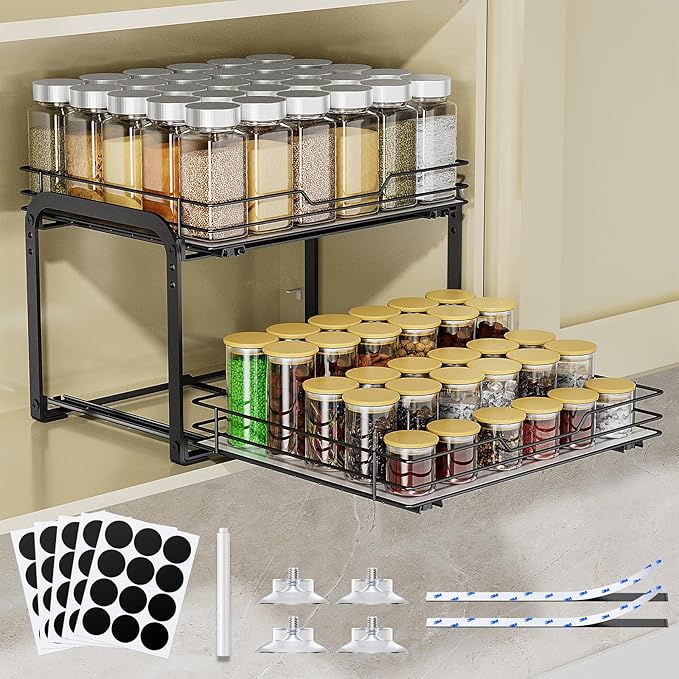 Spice Rack Organizer for Cabinet, 2 Tier Vertical Pull Out Spice Rack – Heavy Duty Metal Spice Organization for Cabinet, 60-Jar Capacity, Height Adjustable Cabinet Organizer, 13.58''Wx10.5''Dx9.5''H