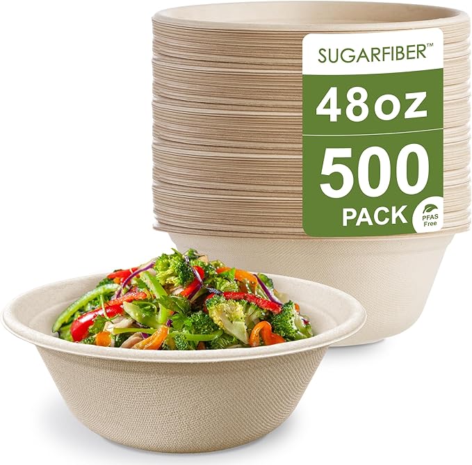 [500 COUNT] Harvest Pack PFAS FREE 48oz Round Paper Bowls - Compostable Heavy-Duty Eco-Friendly Disposable Bagasse Large Soup Bowls sugarcane made for Meal Prep Takeout Dinnerware, Microwave Safe