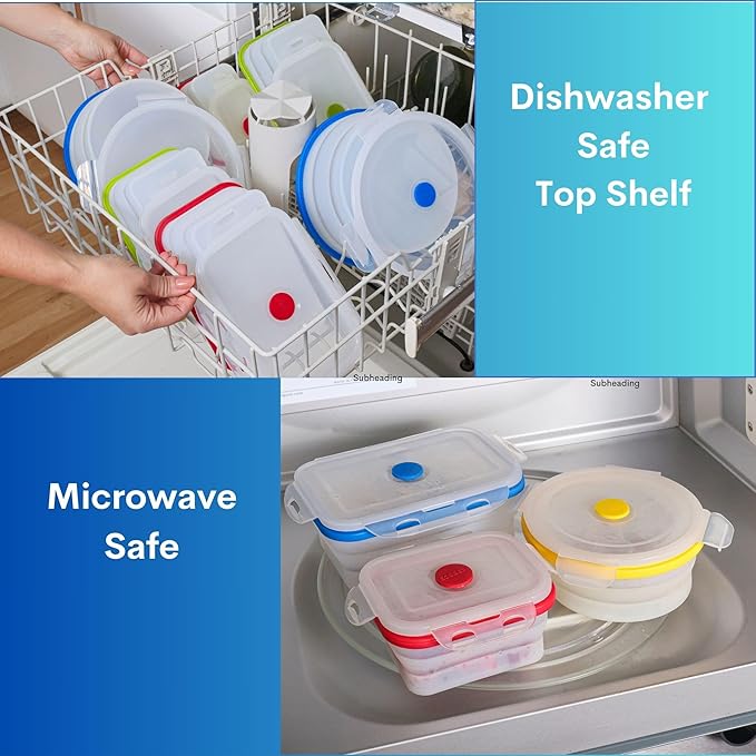 ECOBERI Collapsible Silicone Food Storage Containers Set of 5, BPA-Free Food-Grade Silicone, Airtight Snap Lids, Microwave, Freezer & Dishwasher Safe, Space-Saving Meal Prep & Lunch Containers