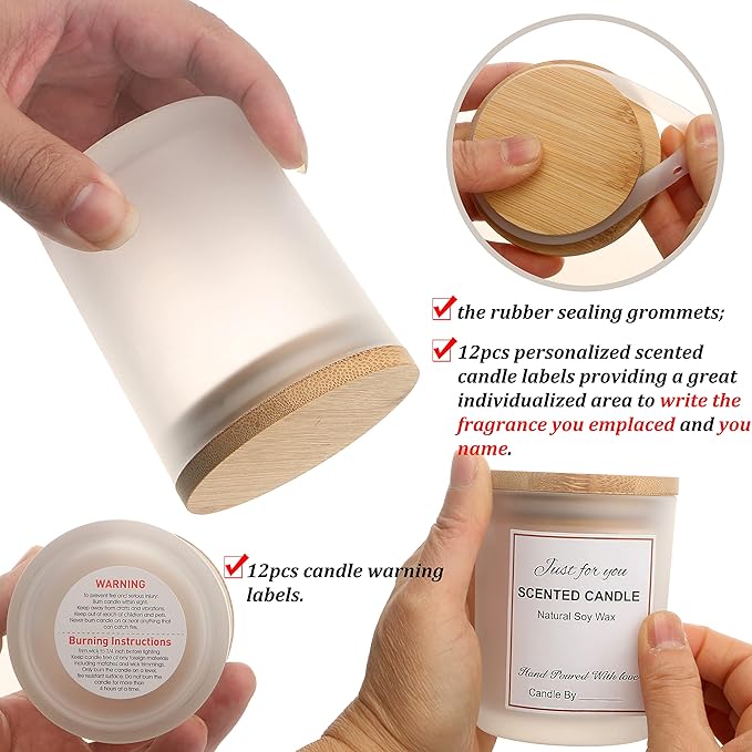 MILIVIXAY 12 Pack 10 OZ Frosted Glass Candle Jars with Lids and Candle Making Kits - Bulk Empty Candle Jars for Making Candles - Spice, Powder Containers.