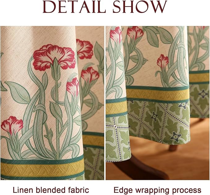 patdrea Designer Green Tablecloth for Round Table,Vintage Linen Leaves Pattern Table Cloth,Floral Cover Fall Decor for Kitchen Dining Christmas,Thanksgiving,Diameter 67"-Cecilia D