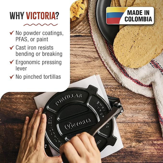 Victoria Cast Iron Tortilla Press, Tortilla and Roti Maker, Made in Colombia, 6.5 Inches