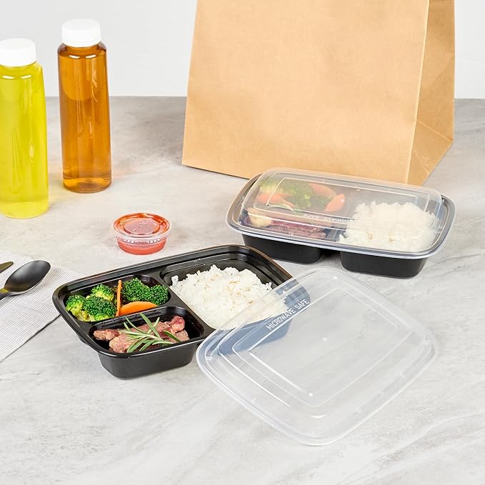 Restaurantware-Asporto 26 Ounce Compartment Take Out Boxes, 50 Microwavable Meal Prep Containers - 3 Compartments, With Clear Plastic Lids, Black Plastic Food Containers, Do Not Contain BPA