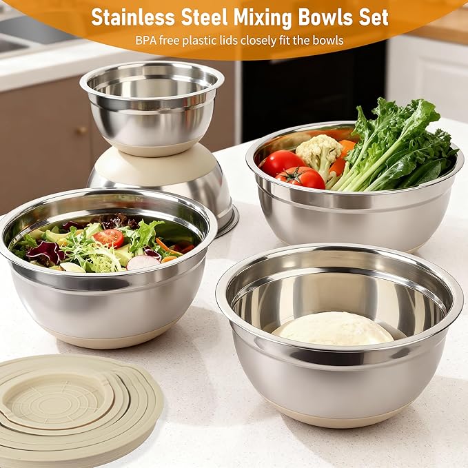 CHAREADA Mixing Bowls with Airtight Lids, 18pcs Stainless Steel Nesting Colorful Mixing Bowls Set Non-slip Silicone Bottom, Size 4.5, 3.6, 2.7, 2.1, 1.7, 1.1, 0.7 qt, Fit for Mixing & Serving (Khaki)