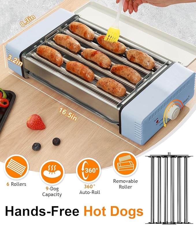 3-in-1 Electric Grill with Hot Dog Roller, Portable Indoor Outdoor BBQ Grill, Griddle and Sausage Roller Machine with Removable Non-Stick Plate & Drip Tray, for Tailgate, Camping, RV, Home Kitchen