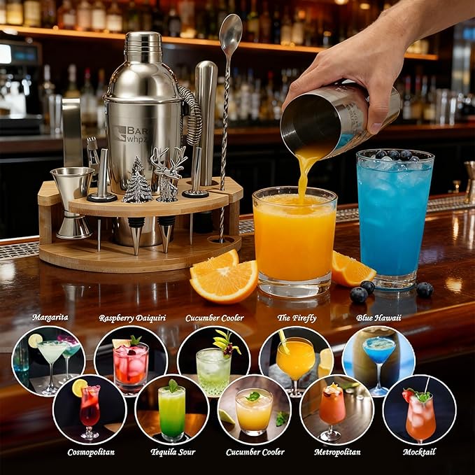 Silicone Pad Included Cocktail Shaker Set Bartender Kit,Mixology Bartender Kit 13-Piece with Bamboo Stand,Martini Shaker Kit with All Essential Accessory Tools for Drink Mixing Gift for him or her