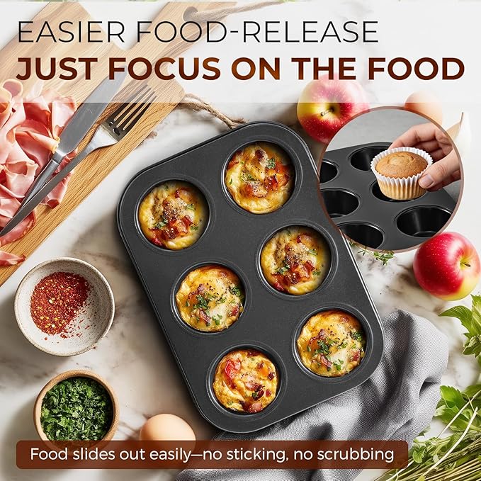 Muffin Pan 2-Pack, 6-Cup Cupcake Pans and Muffin Tins with Nonstick Coating, 10.43"x7.28"x1.1" with 2.56" Cups, for Muffins, Cupcakes, Brownies, Cheesecake, Carbon Steel, Easy Clean, Oven Safe