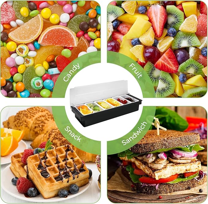 Fruit, Veggie & Condiment Caddy with Lid Dispenser Tray Garnish Station for Bartending & Serving Taco (2, 3 Compartment)