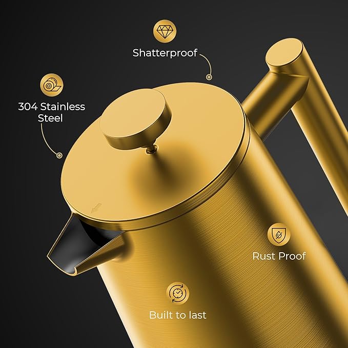 French Press Coffee Maker, Stainless Steel French Press, 34 Oz / 1L, Large Insulated Double Wall Coffee Maker with 3 Extra Mesh Filters, Satin Finish, Gold