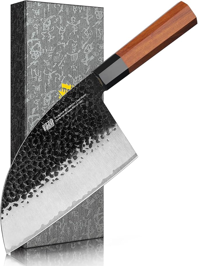 FINDKING Serbian Chef Knife with Leather Sheath, 6.5 Inch High Carbon Steel Cleaver Knife, Hammered Blade, Octagonal Handle, for Meat, Vegetables, Poultry and Light Bones, Dynasty Series