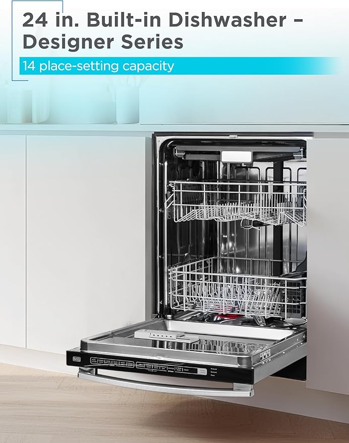 BLACK+DECKER 24" Designer Series Built-In Dishwasher, 14-Place Setting Capacity with Stainless Steel Tub, Dish Washer with 6 Wash Programs, Low Noise, ENERGY STAR Certified, BDW500MHS