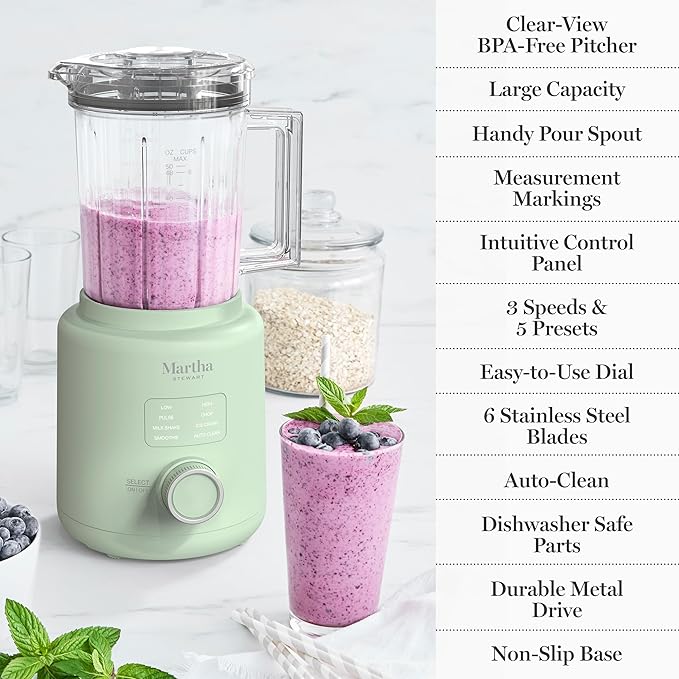 Martha Stewart 50oz Countertop Blender, Smoothie, Margarita & Ice Crushing Blender, BPA-Free Pitcher, 3 Speeds, 5 Presets, Auto-Clean Function, Dishwasher Safe, Stainless Steel Blades, Honeydew Green