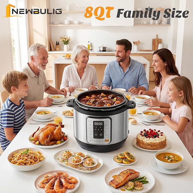 NEWBULIG 16-in-1 Electric Pressure Cooker, 8QT Multi Cooker with 12 Presets, Slow Cook Rice Steamer Sauté Soup Meat Stew Canning Yogurt Maker, Ceramic Inner Pot & Recipe Book Included，Silver