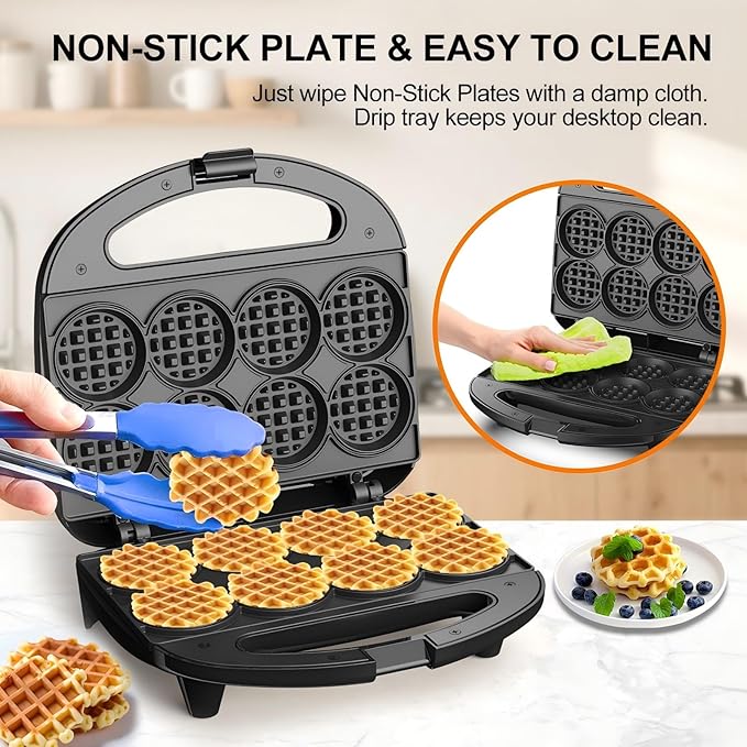 Mini Waffle Maker, Small Waffle Iron with Quick Heat-Up, Makes 8 x 2” Tiny Waffle Bites for Kids, Locking Buckle & Cool Touch Handle, Nonstick Plates, Perfect for Breakfast, Brunch, Desserts & Snacks