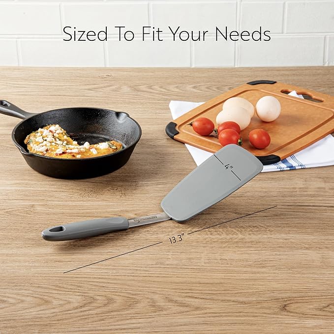 Restaurantware Comfy Grip 13.3 x 4 Inch Silicone Turner 1 Durable Cooking Turner - Stainless Steel Body Rubber Handle With Hole Gray Silicone Flipper Spatula Tolerates Up To 446F Dishwashable