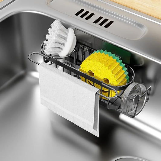 Cisily Kitchen Sink Caddy Sponge Holder in The Sink, Stainless Steel Kitchen Sink Organizer, Brush Holder, Dish Cloth Hanger, Sink Stopper Holder with 2 Installation Ways (Suction & Adhesives