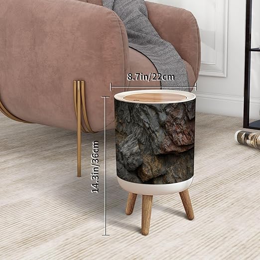 Trash Can with Lid Stone rock mountain cave granite basalt mineral surface texture Dark Press Top Round Small Garbage Bin with Wooden Legs Waste Basket for Kitchen Bedroom Nursery 7L/1.8 Gallon