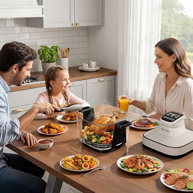 AIRMSEN 6.3 QT Glass Air Fryer Non-Toxic, 4 Presets & Manual Control, 105–400℉ Precise Heat, 95% Less Oil, Auto-Pause & Resume, Microwave & Dishwasher Safe Glass Container for Family Meals