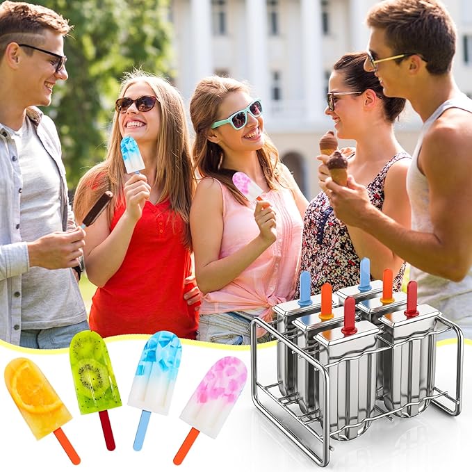 Jingmore Stainless Steel Pop Molds, 6 Round Head Metal Pop Molds with Holder & Reusable Sticks, Metal Ice Cream Makers for Frozen Yogurt Fruit Ice Cream Sorbet Making(Square)