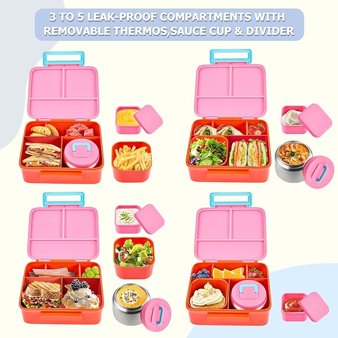 MAISON HUIS Bento Box for Kids with 8oz Soup Thermo, Leak-proof Lunch Food Containers with 5 Compartment, Insulated Lunch Bag & 17oz Stainless Steel Water Bottle for School, Trvael