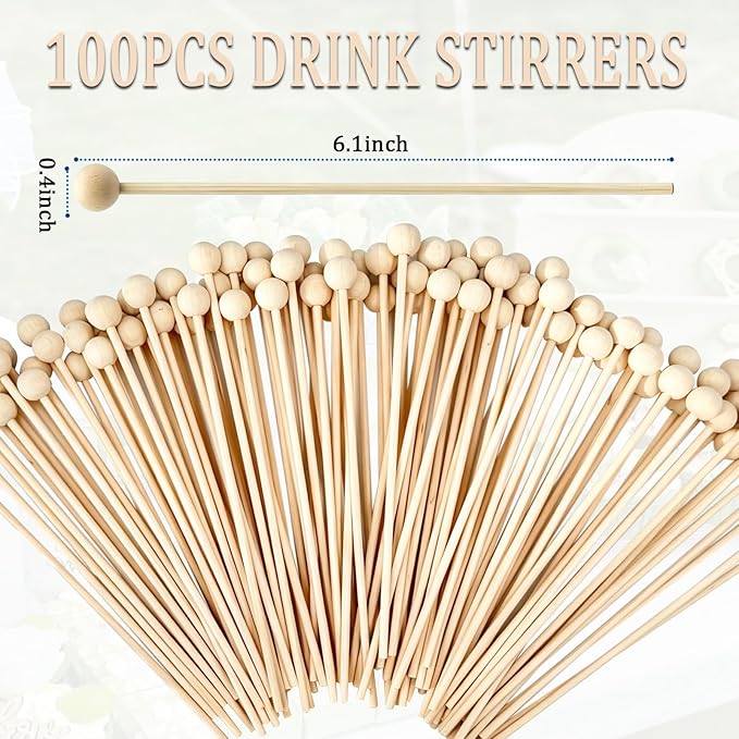 100PCS 6 Inch Wooden Rock Candy Sticks with Ball, Wood Swizzle Sticks for Drinks Cake Pops Coffee Stirrers Lollipop Making, Ideal for Party Supplies Home Baking DIY Dessert