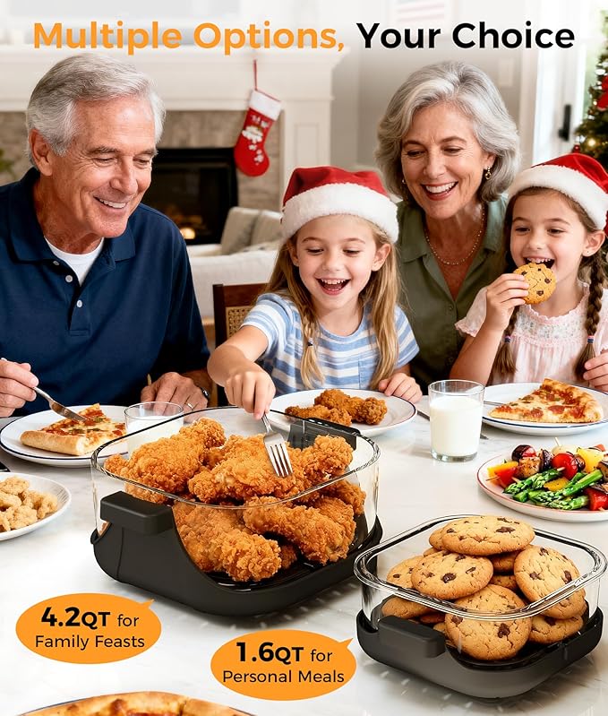 4-in-1 Portable Glass Air Fryer - 1500W, 4.2QT & 1.6QT Dual Glass Containers with Lids, Non-Toxic, 400°F Precise Heat, Max Crisp | Bake | Air Fry | Recrisp, Microwave, Freezer & Dishwasher Safe