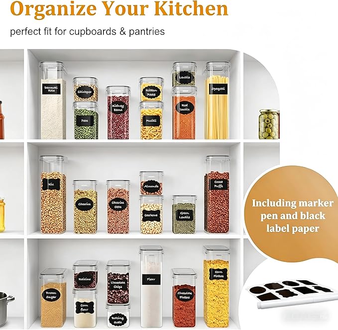 28 Pack Airtight Food Storage Containers with Lids, BPA Free Clear Pantry Storage Container for Kitchen Food Pantry Organizers and Storage, Plastic Pantry Organiser for Cereal,Flour and Sugar