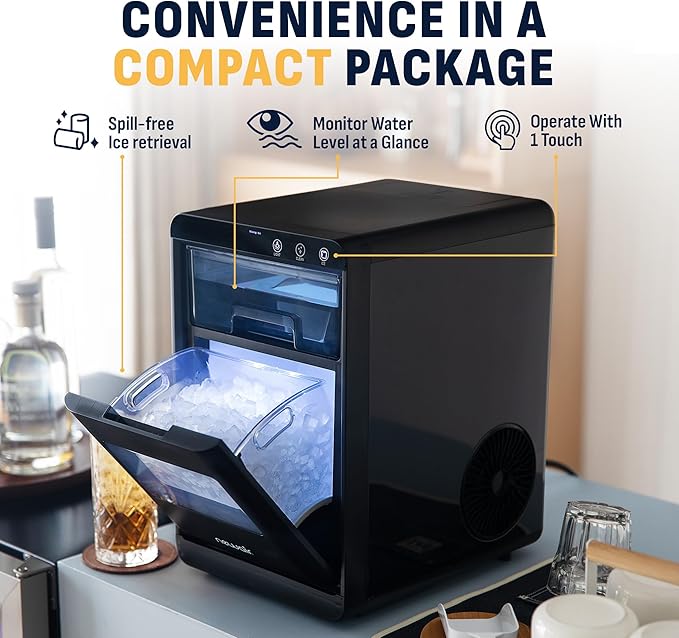 Nugget Ice Maker Countertop | 44 lbs/Day Pebble Ice Machine with Self-Cleaning | Soft Chewable Pebble & Sonic-Style Ice | Black Stainless Steel