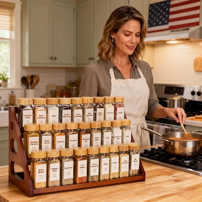 Spice Rack, Spice Organizer -3 Tier Bamboo Spice Racks, Solution for Spice Storage in Kitchens, Countertops，Storage Rooms and Other Places(Brown)