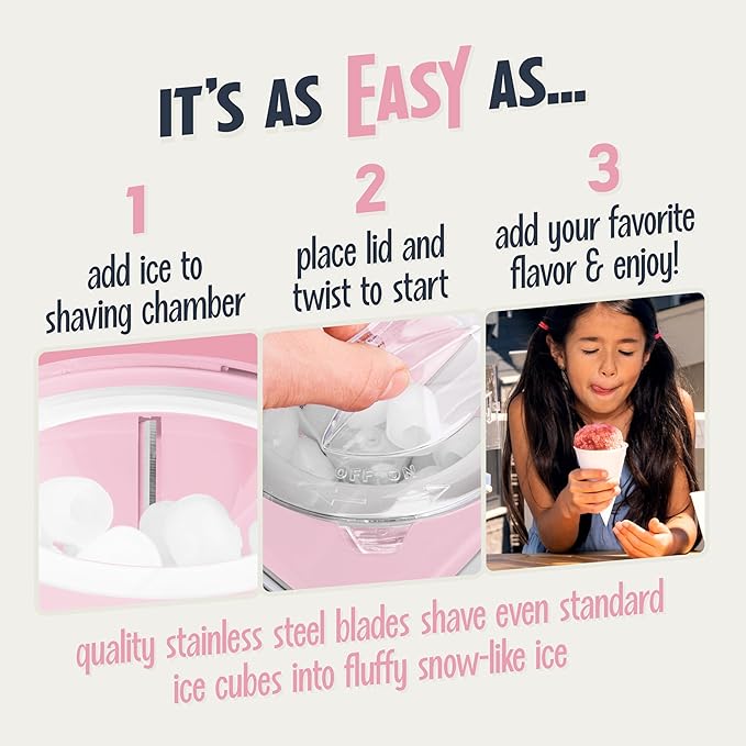 Nostalgia Retro Snow Cone Maker – Countertop 5-qt Shaved Ice Machine – Stainless Steel Blades – Includes 2 Reusable Cups, Ice Scoop, & Sid Shelf – Pink