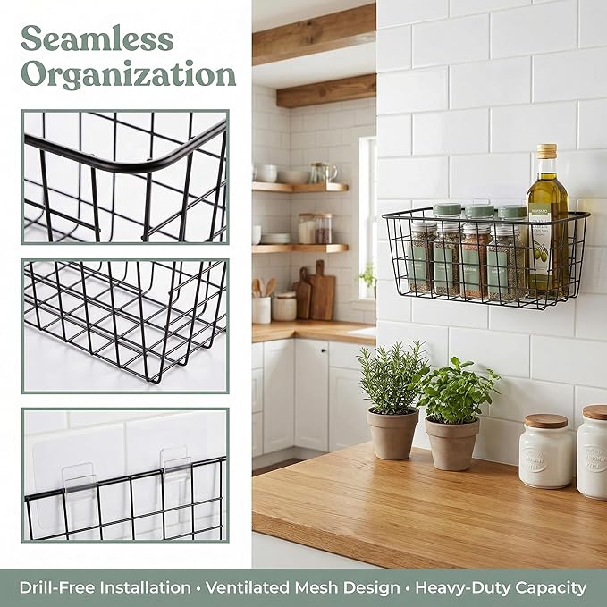 2 Set Adhesive Hanging Wall Basket Inside Cabinet Door Organizer,Wall Storage Basket-No Drilling Adhesive wall Basket for Cupboard Door,Space-Saving Small Hanging Baskets for Wall Mount Storage,Black