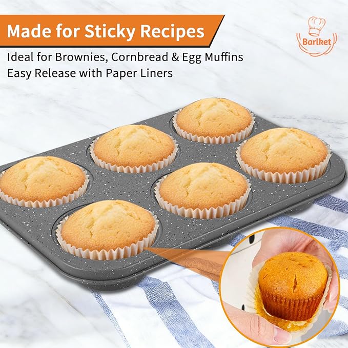 2 Pack Jumbo Muffin Pan, 6 Cup Large Cupcake Pan with Speckled Granite Coating and Paper Liners, Professional Nonstick Carbon Steel Muffin Tin for Baking Muffins Frittatas Cupcakes, Grey