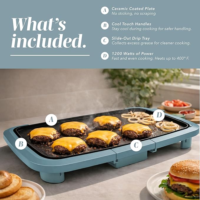 COOK WITH COLOR Electric Griddle 1200W, Nonstick Surface for Pancakes, Burgers, Eggs & More, Removable Temperature Control, Slide-Out Drip Tray, 10" x 16" Cooking Area, Slate Blue