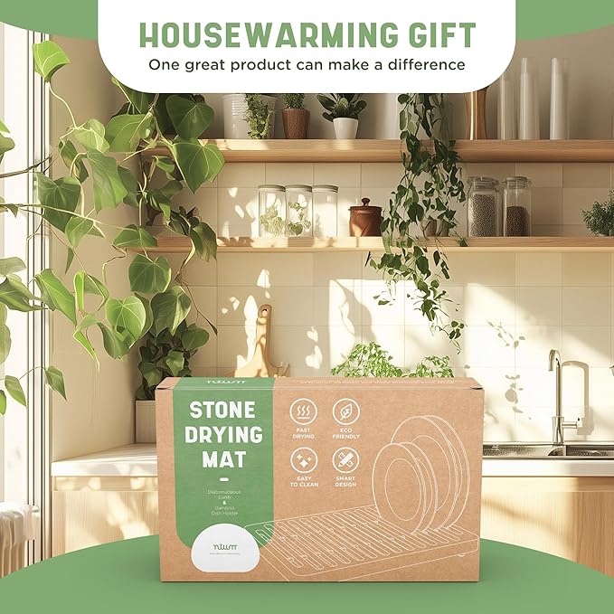 NIUM Stone Drying Mat for Kitchen Counter & Bamboo Rack - 16″x12″ - Diatomaceous Earth Dish drying mat Ultra Absorbent & Fast Drying - EcoFriendly with Non-Slip Pads & Anti-Moisture Design