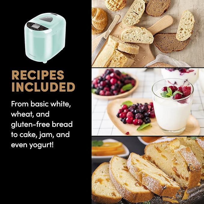Elite Gourmet Programmable Bread Maker, 2 lb Loaf, 3 Sizes, 19 Presets incl. Gluten-Free, Dough & Jam, Delay Timer, Mint