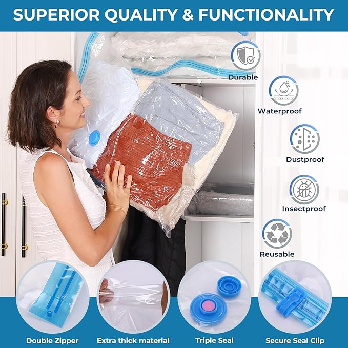 Vacuum Seal Bags for Clothing,10 Jumbo Vacuum Storage Bags with Rechargeable Air Pump,Space Saver Bags for Clothes,Travel Luggage,Blanket,Bedding,Pillows,Comforters