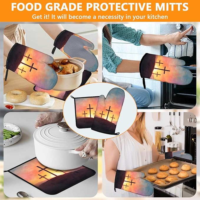 Christian Blessed Cross Sunset Oven Mitts and Pot Holders Sets 4Pcs Silicone Non-Slip Mitts Heat Resistant Gloves Hot Pads for Kitchen Cooking Baking Grilling BBQ