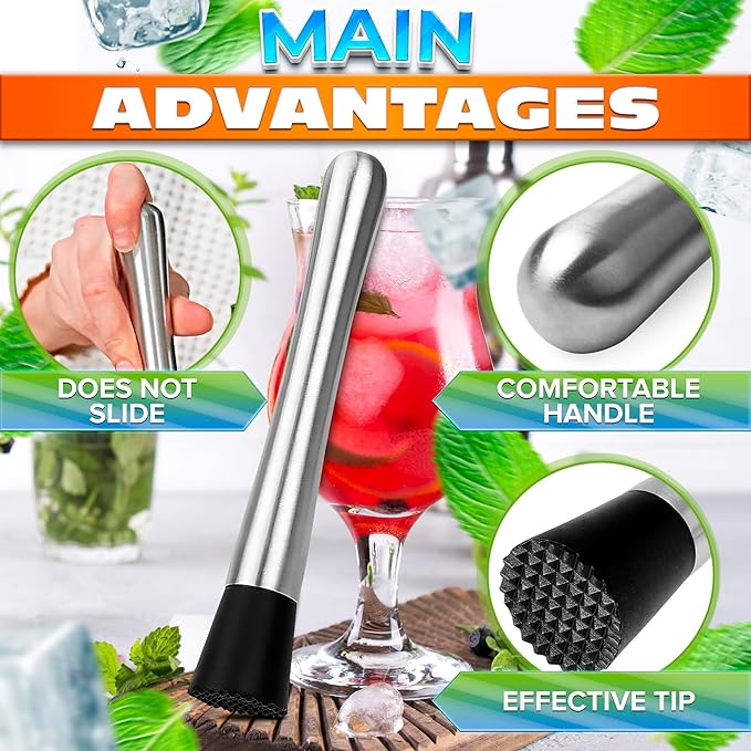 2 Pcs Bar Muddler for Cocktails - 8" Stainless Steel Muddler for Lemonade with Glass-Safe Grooved Nylon Head, Dishwasher Safe - Lemonade Stand Supplies for Mojitos, Citrus, Mint, Herb & Fruit Mixing