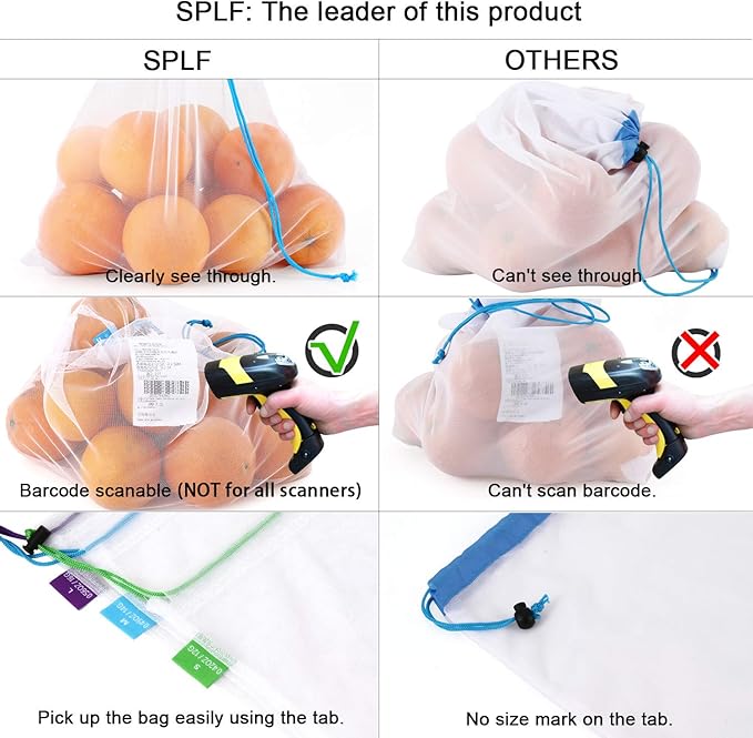 SPLF 12 Pcs Heavy Duty Reusable Mesh Produce Bags, Barcode Scanable See Through Food Safe Mesh Bags with Drawstring for Fruits, Vegetable, Food, Toys, Grocery Storage, Large Medium Small